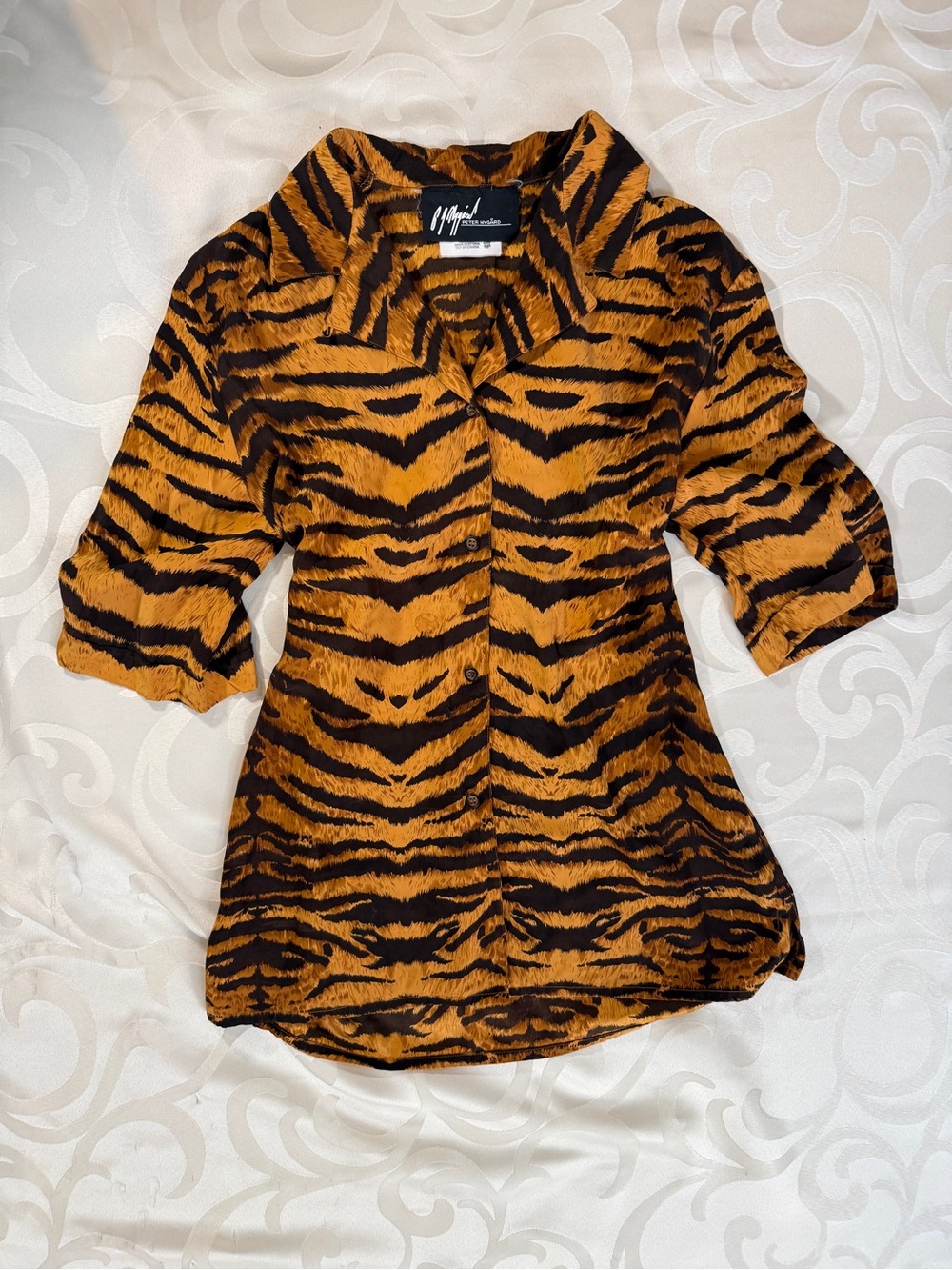 Peter Nygard Silk Tiger-Print Button Front Blouse - Orange & Black